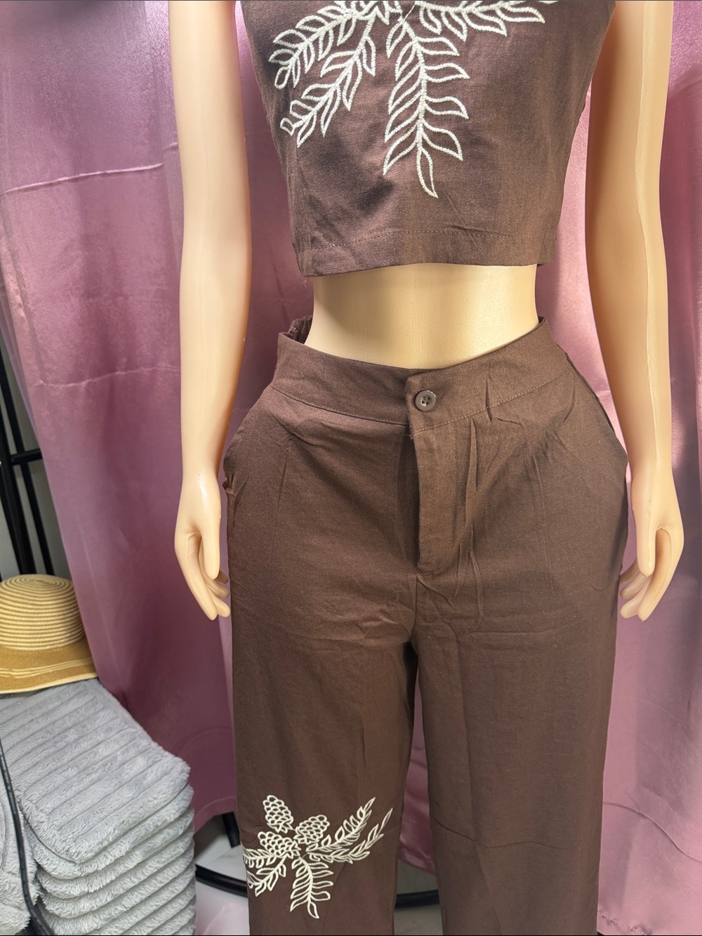 Women’s Brown Embroidered Wide-Leg Pants sets